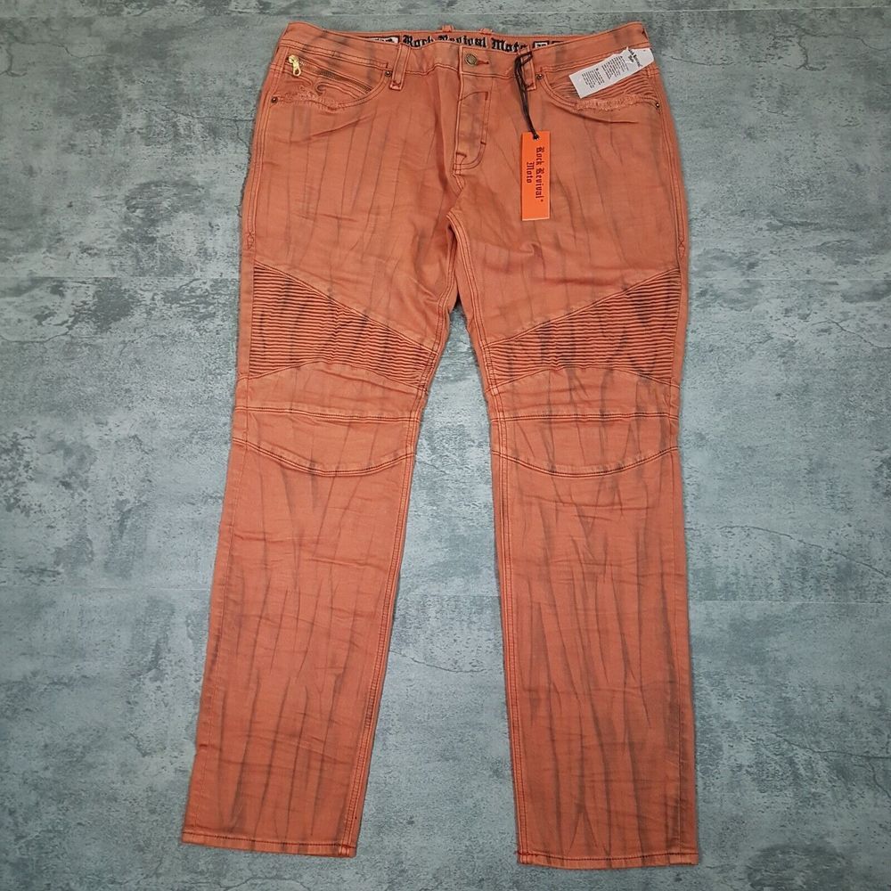 ROCK REVIVAL Ivan Slim Straight Moto Biker Jeans Mens 38x32‎ Tan Khaki